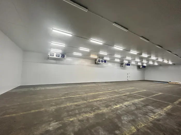Large cold storage room with ceiling evaporators